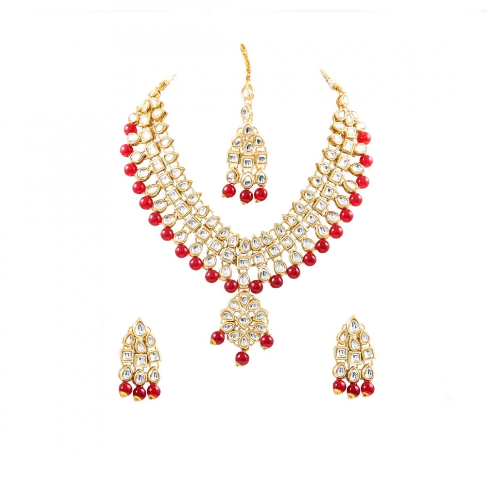 Generic Maroon Beads Gold Plated Kundan Necklace Set For Women - Noble Nook