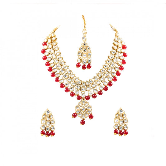 Generic Maroon Beads Gold Plated Kundan Necklace Set For Women - Noble Nook