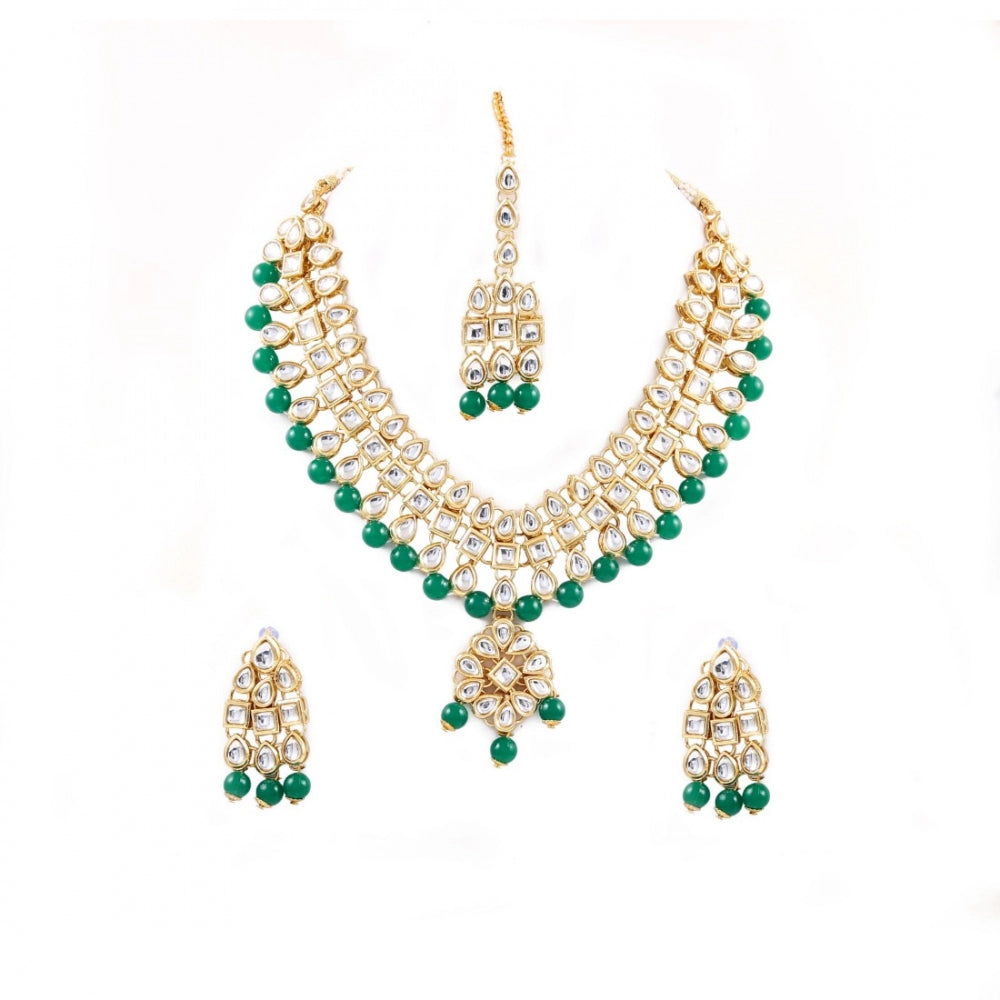 Generic Green Beads Gold Plated Kundan Necklace Set For Women - Noble Nook