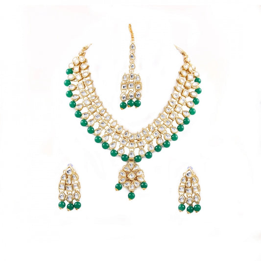 Generic Green Beads Gold Plated Kundan Necklace Set For Women - Noble Nook