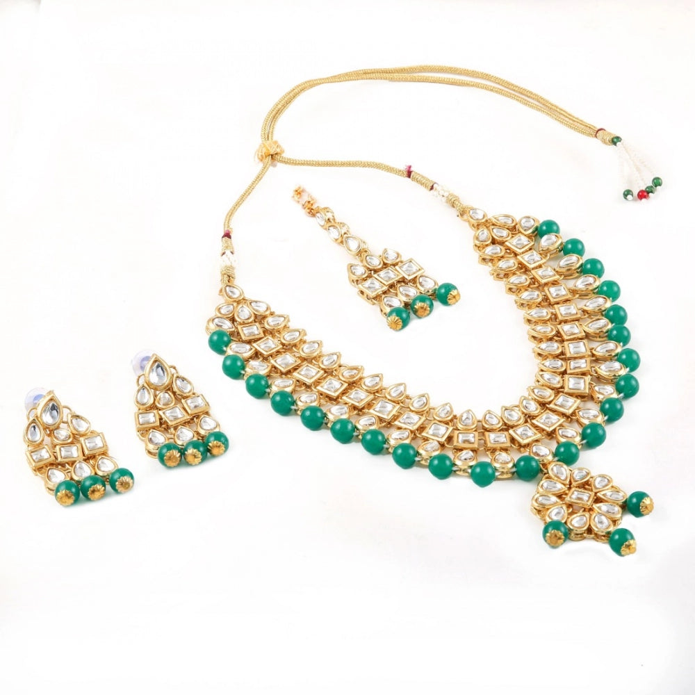 Generic Green Beads Gold Plated Kundan Necklace Set For Women - Noble Nook