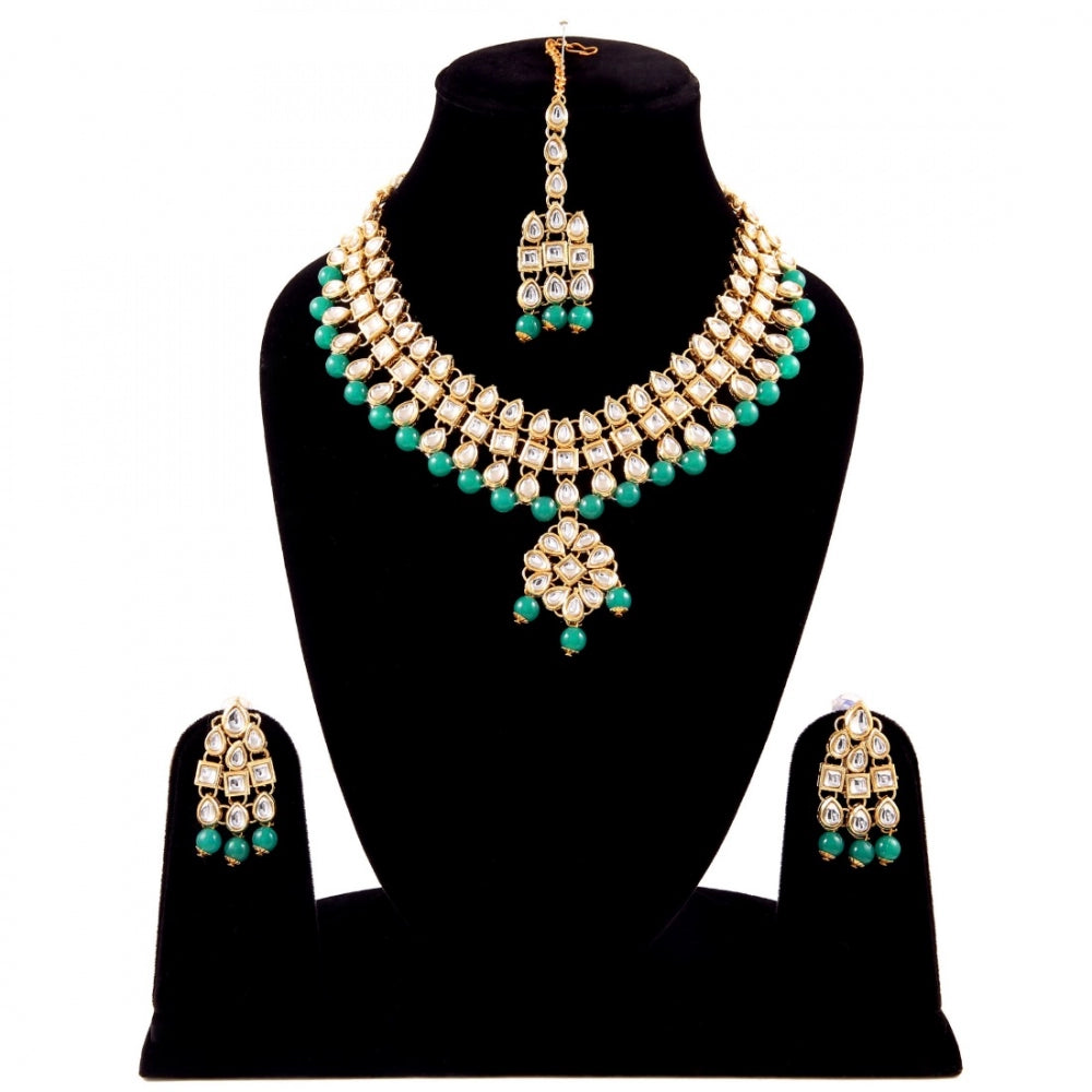 Generic Green Beads Gold Plated Kundan Necklace Set For Women - Noble Nook