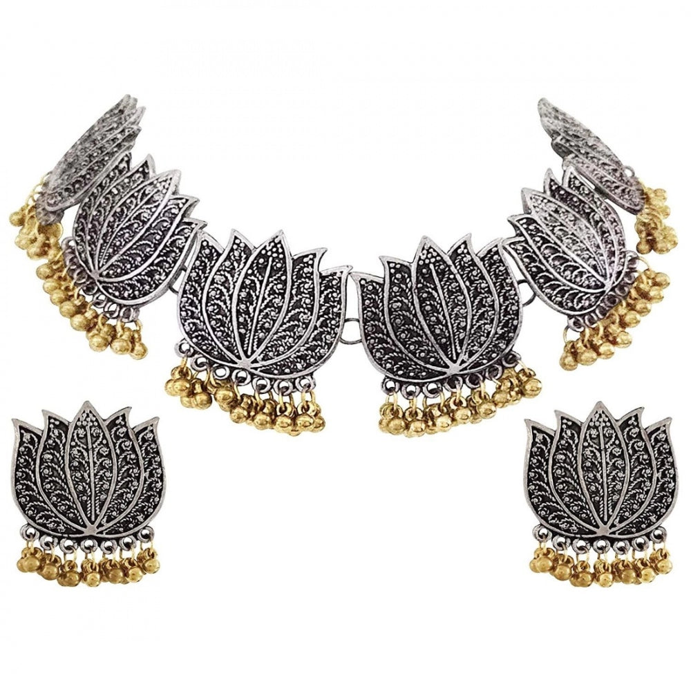 Generic Antique Silver Oxidised Plated Tribal Afghani Necklace With Earrings Set For Women - Noble Nook