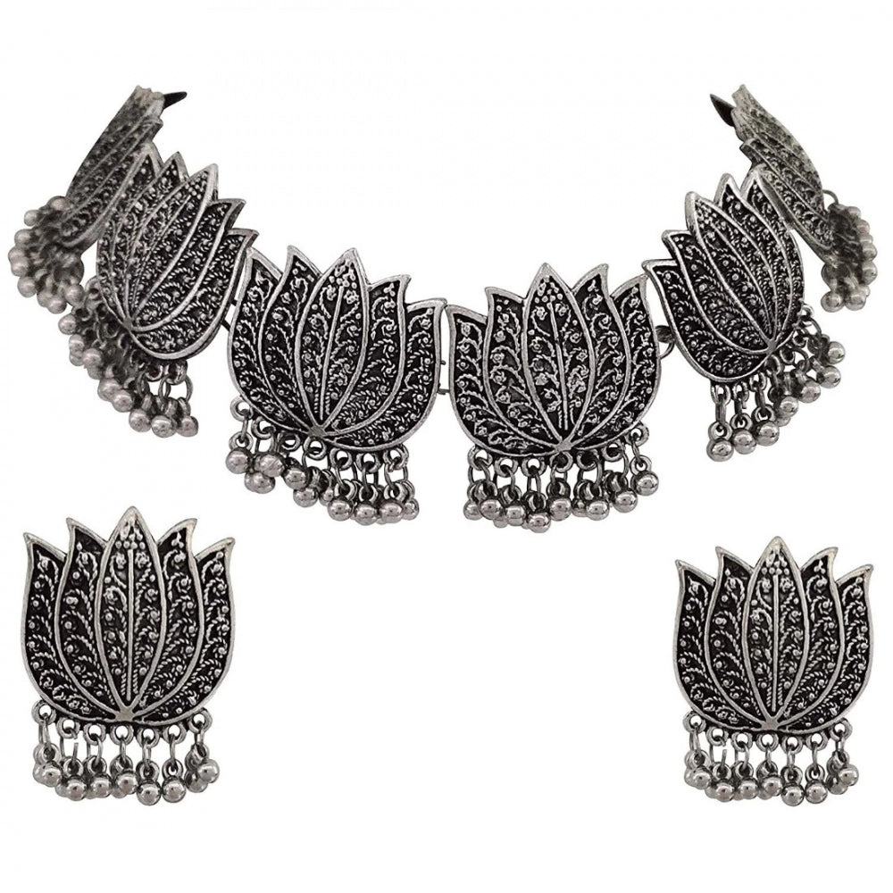 Generic Antique Silver Oxidised Tribal Afghani Necklace With Earrings Set For Women - Noble Nook