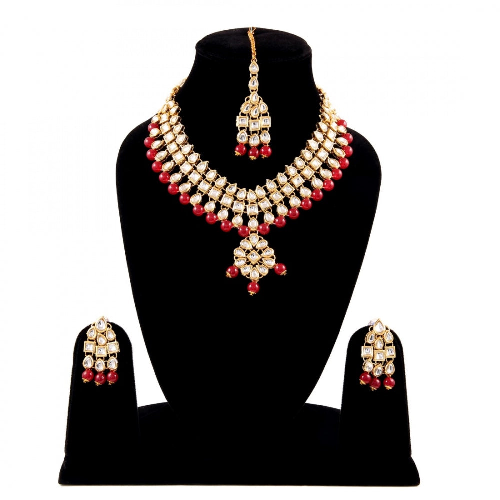 Generic Maroon Beads Gold Plated Kundan Necklace Set For Women - Noble Nook