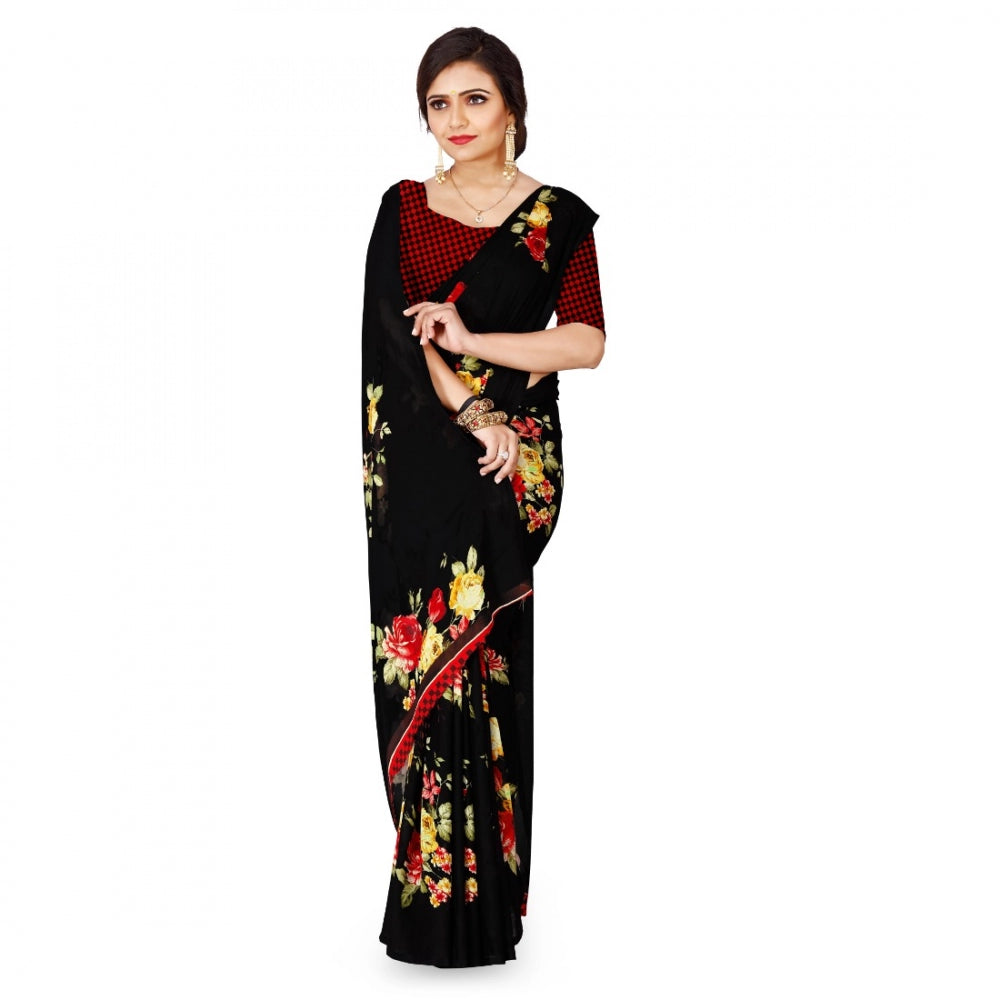 Generic Women's Faux Georgette Saree With Blouse (Black, 5-6Mtrs) - Noble Nook