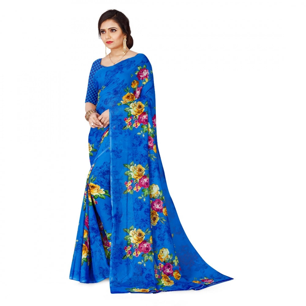 Generic Women's Faux Georgette Saree With Blouse (Blue, 5-6Mtrs) - Noble Nook