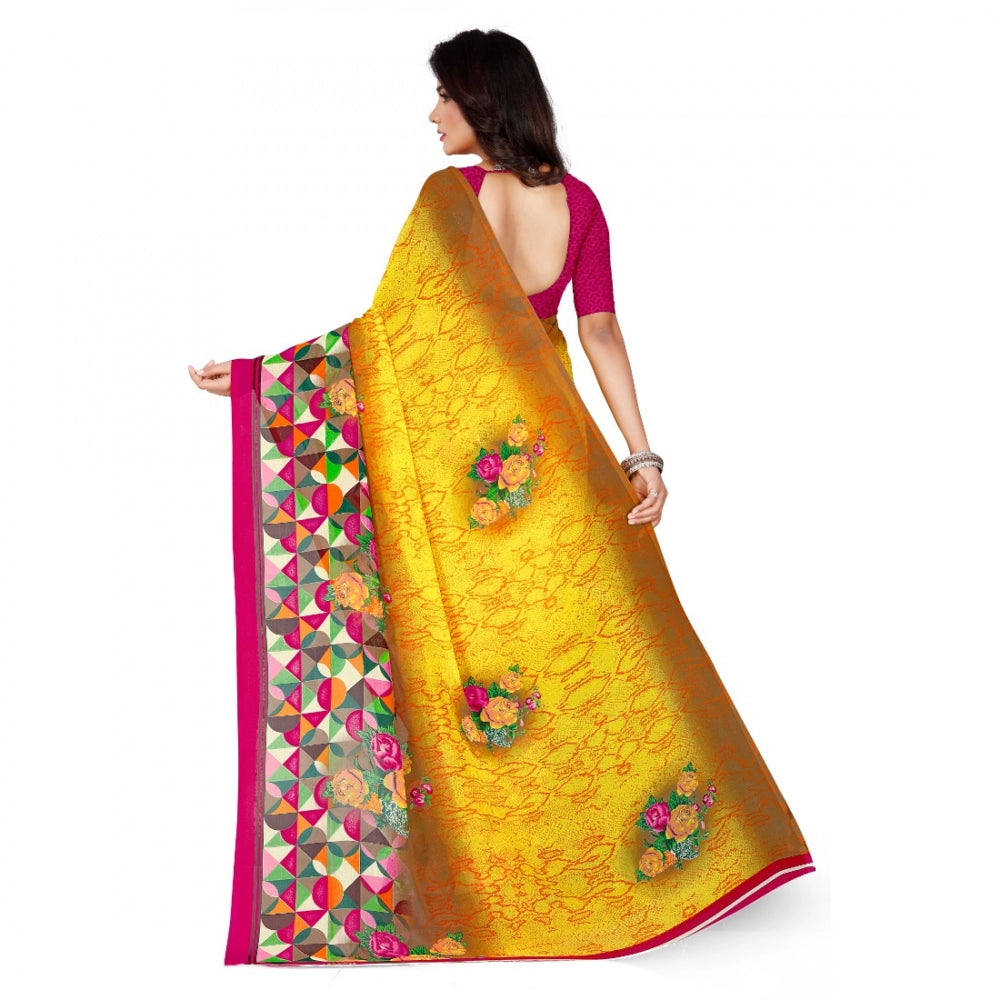 Generic Women's Faux Georgette Saree With Blouse (Yellow, 5-6Mtrs) - Noble Nook