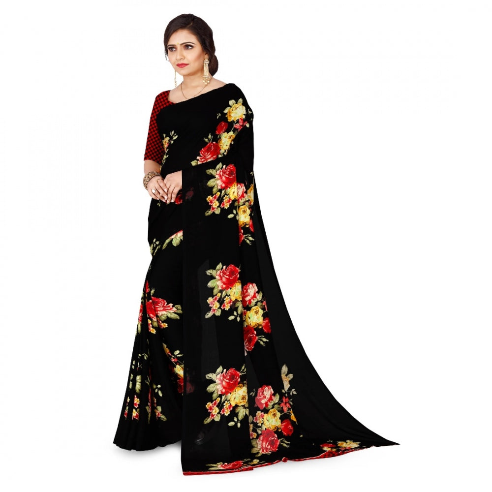 Generic Women's Faux Georgette Saree With Blouse (Black, 5-6Mtrs) - Noble Nook