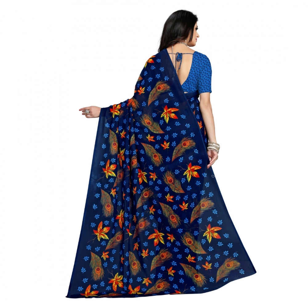 Generic Women's Faux Georgette Saree With Blouse (Blue, 5-6Mtrs) - Noble Nook