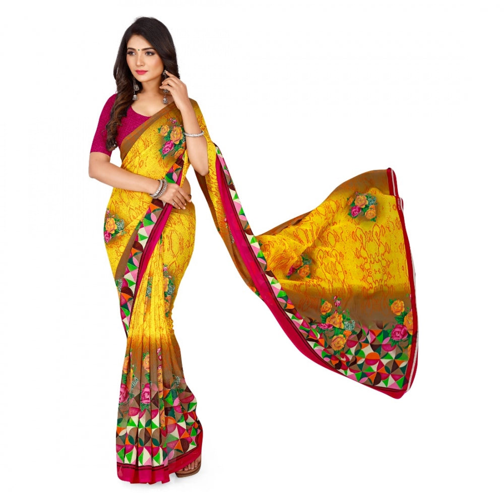 Generic Women's Faux Georgette Saree With Blouse (Yellow, 5-6Mtrs) - Noble Nook