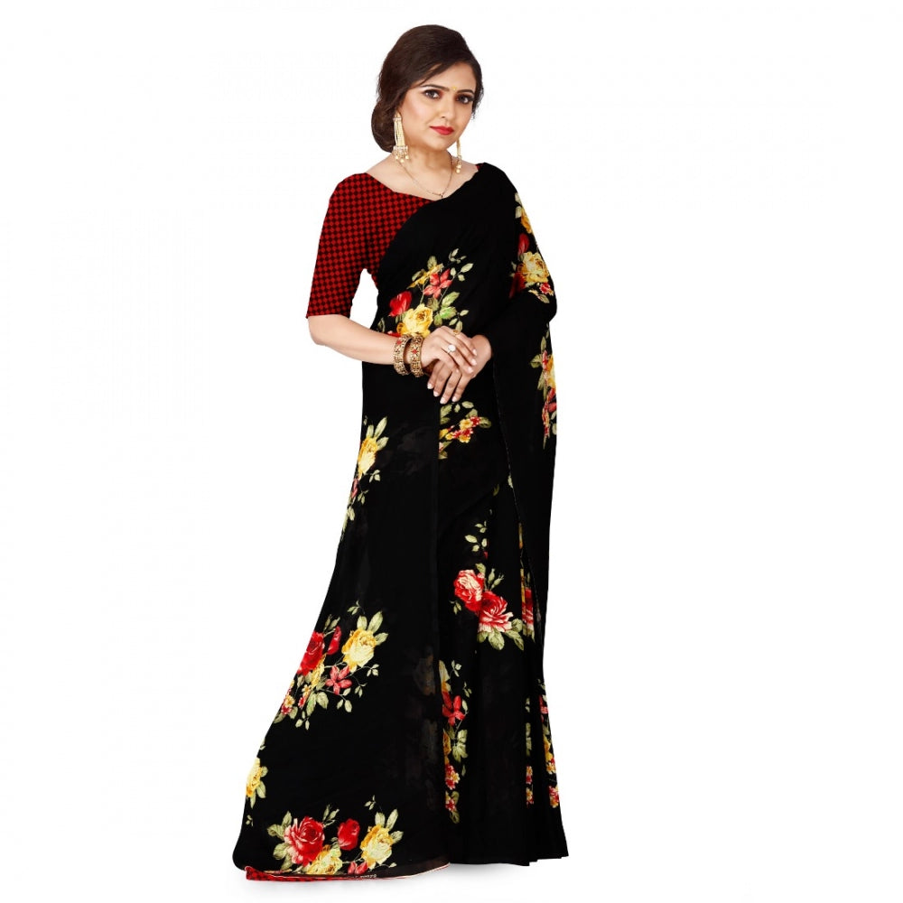 Generic Women's Faux Georgette Saree With Blouse (Black, 5-6Mtrs) - Noble Nook