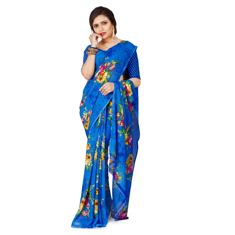 Generic Women's Faux Georgette Saree With Blouse (Blue, 5-6Mtrs) - Noble Nook