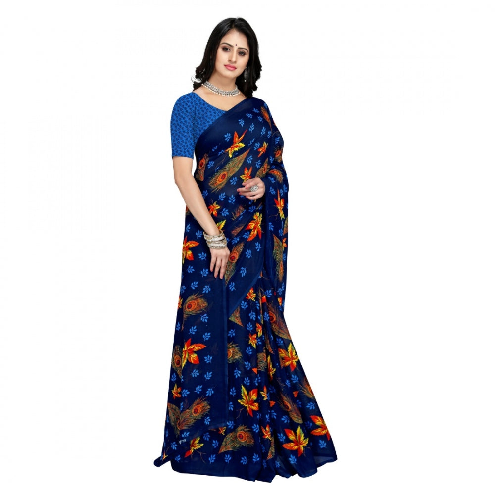 Generic Women's Faux Georgette Saree With Blouse (Blue, 5-6Mtrs) - Noble Nook