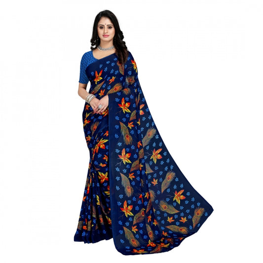 Generic Women's Faux Georgette Saree With Blouse (Blue, 5-6Mtrs) - Noble Nook