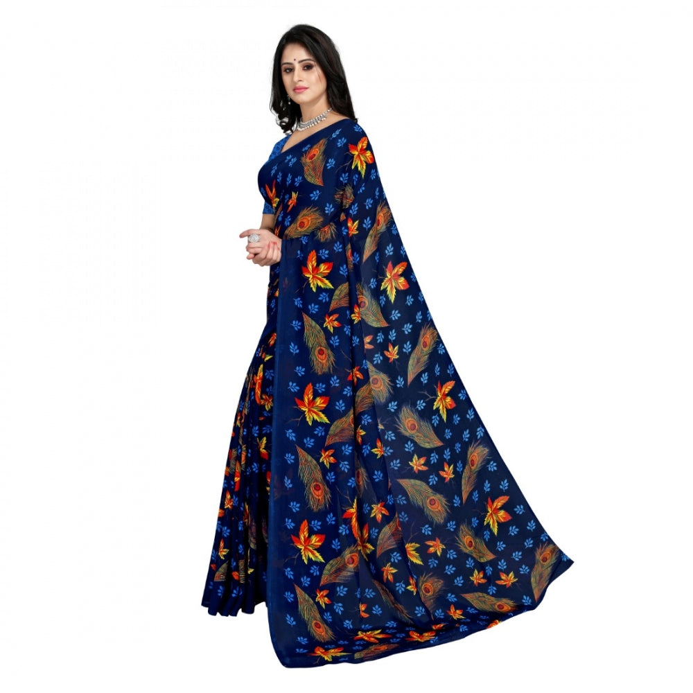 Generic Women's Faux Georgette Saree With Blouse (Blue, 5-6Mtrs) - Noble Nook