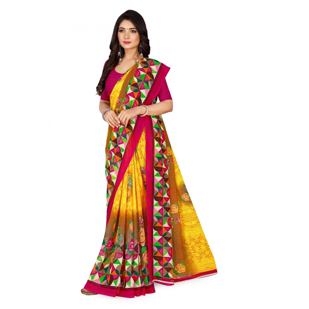 Generic Women's Faux Georgette Saree With Blouse (Yellow, 5-6Mtrs) - Noble Nook