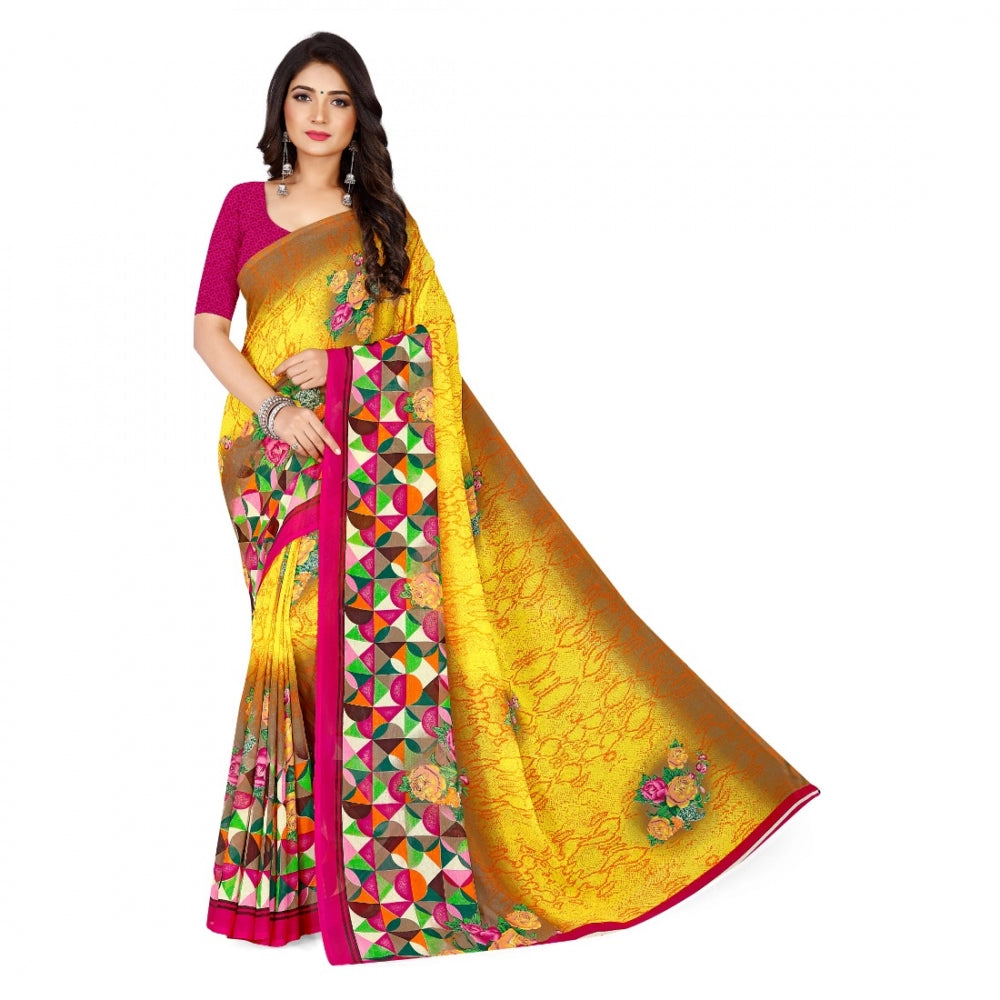 Generic Women's Faux Georgette Saree With Blouse (Yellow, 5-6Mtrs) - Noble Nook