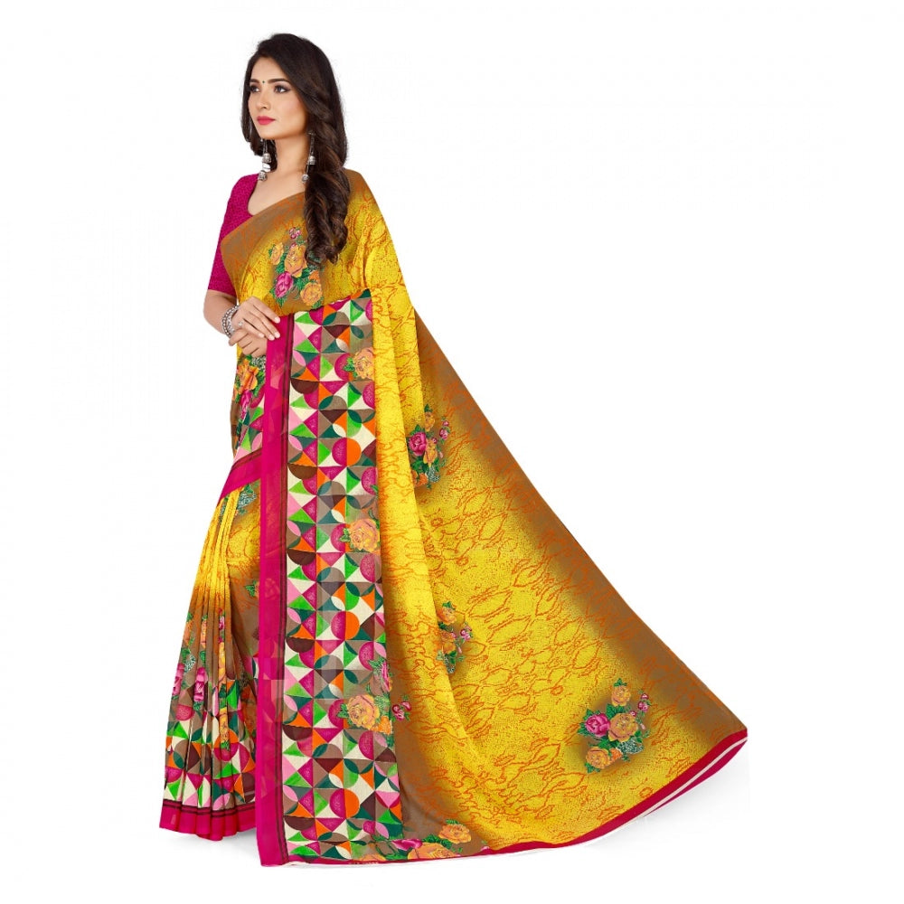 Generic Women's Faux Georgette Saree With Blouse (Yellow, 5-6Mtrs) - Noble Nook