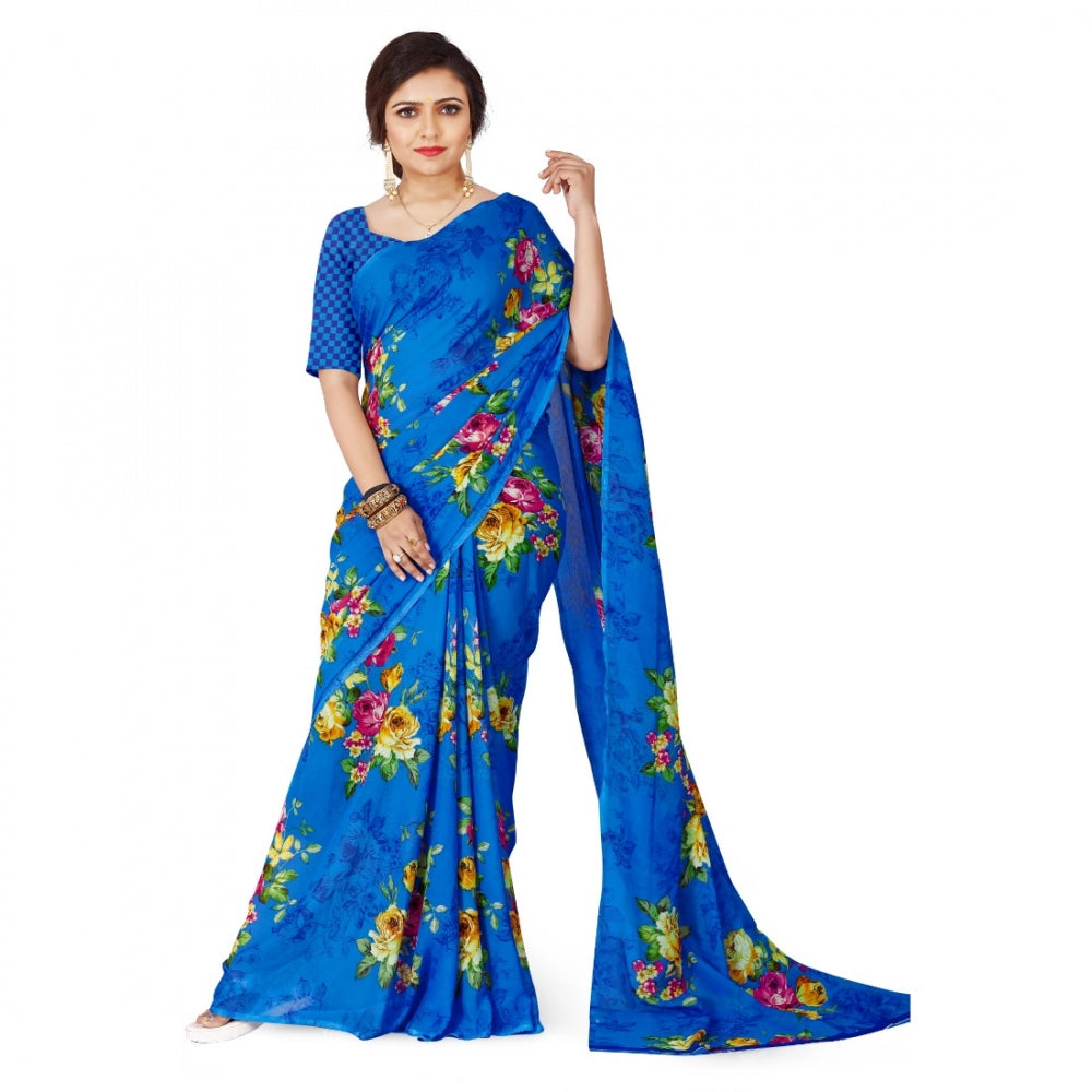 Generic Women's Faux Georgette Saree With Blouse (Blue, 5-6Mtrs) - Noble Nook