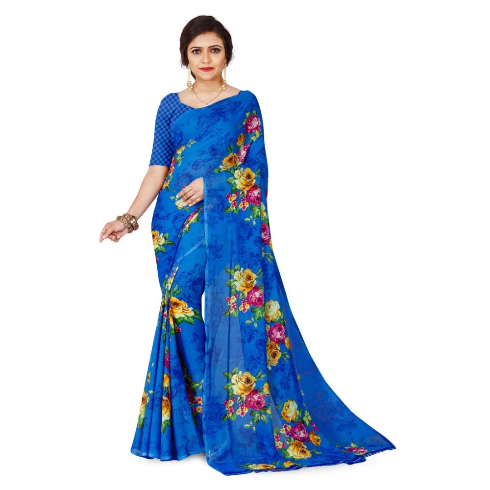 Generic Women's Faux Georgette Saree With Blouse (Blue, 5-6Mtrs) - Noble Nook