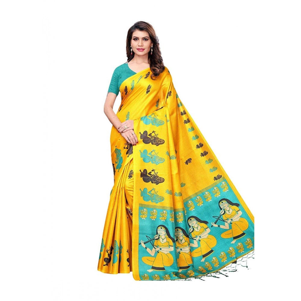 Generic Women's Khadi Silk Saree With Blouse (Yellow, 5-6mtrs) - Noble Nook