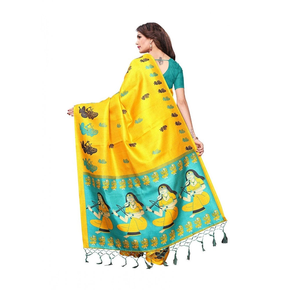 Generic Women's Khadi Silk Saree With Blouse (Yellow, 5-6mtrs) - Noble Nook