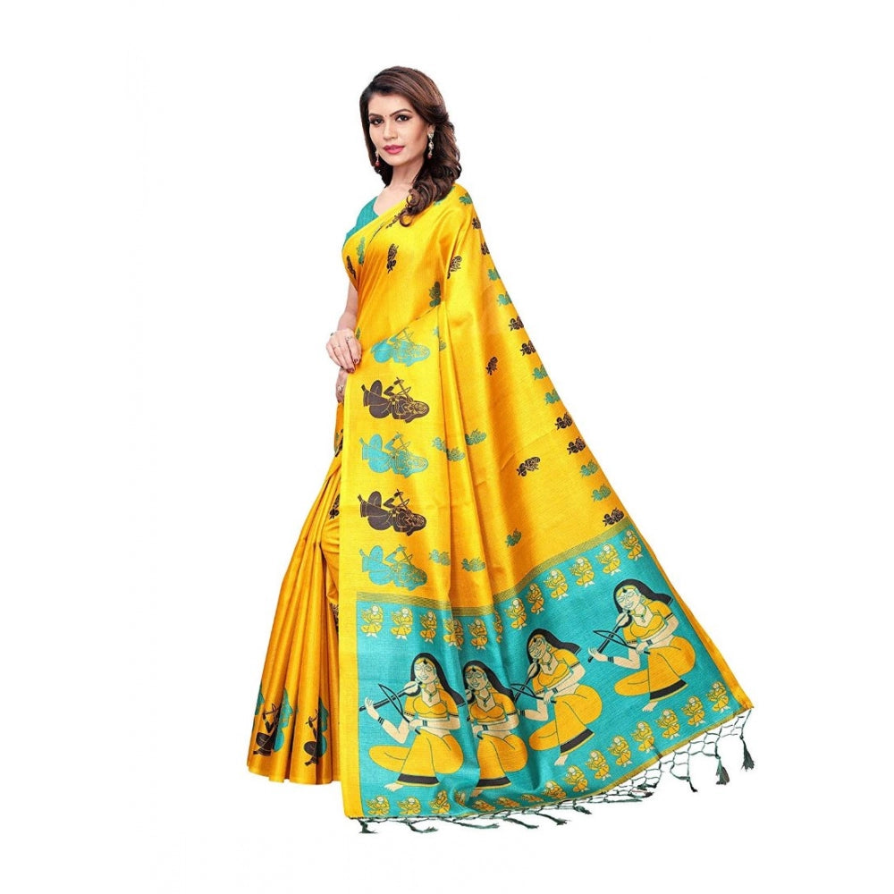 Generic Women's Khadi Silk Saree With Blouse (Yellow, 5-6mtrs) - Noble Nook