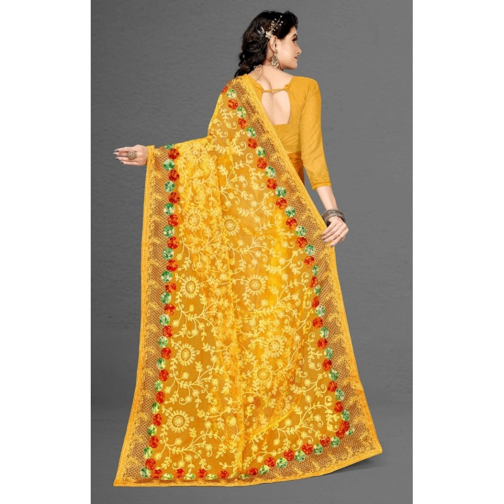 Generic Women's Net Saree With Blouse (Yellow, 5-6Mtrs) - Noble Nook