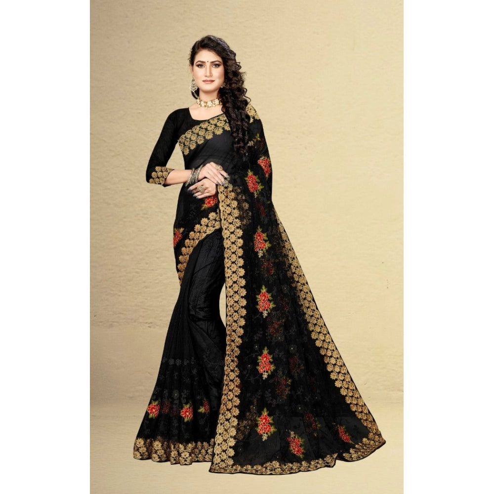 Generic Women's Net Saree With Blouse (Black, 5-6Mtrs) - Noble Nook