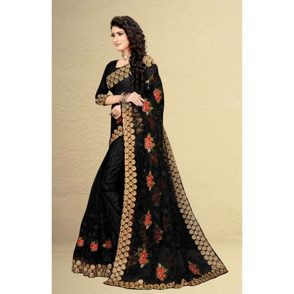 Generic Women's Net Saree With Blouse (Black, 5-6Mtrs) - Noble Nook