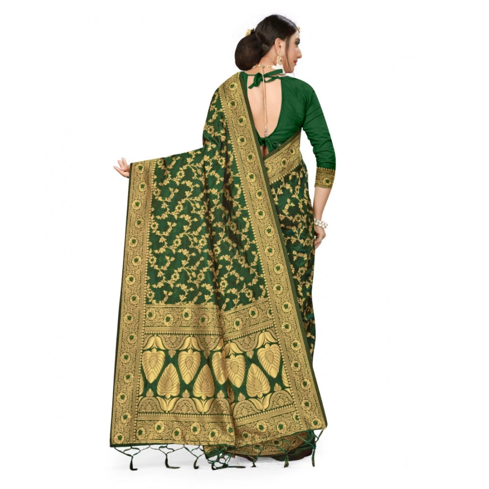 Generic Women's Banarasi Silk Saree With Blouse (Green, 5-6Mtrs) - Noble Nook