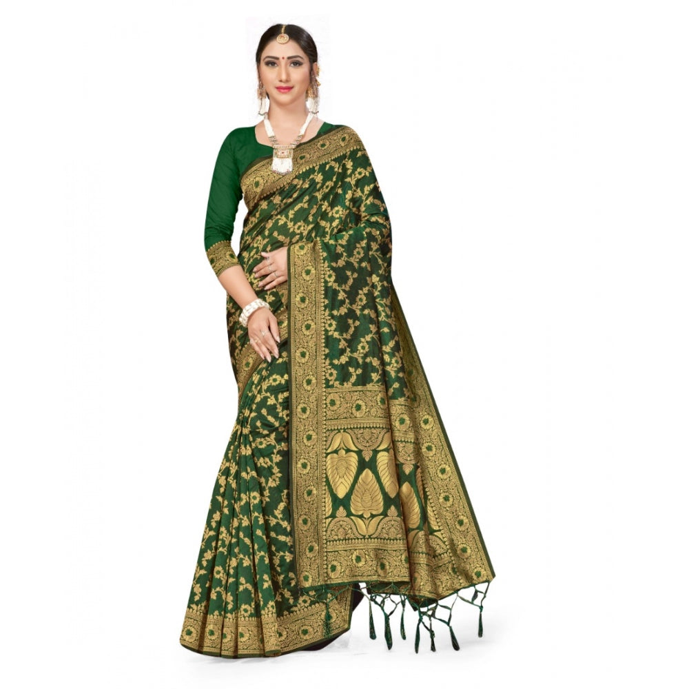 Generic Women's Banarasi Silk Saree With Blouse (Green, 5-6Mtrs) - Noble Nook