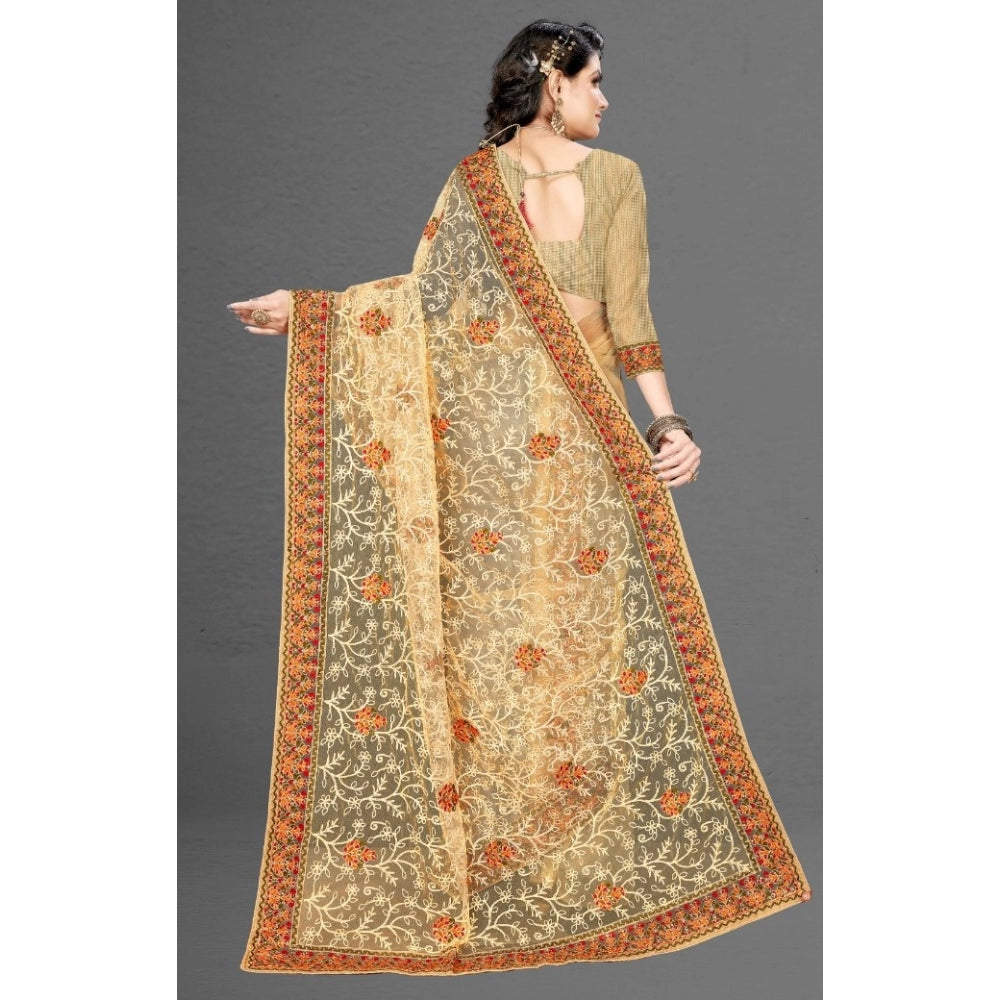 Generic Women's Net Saree With Blouse (Chiku, 5-6Mtrs) - Noble Nook