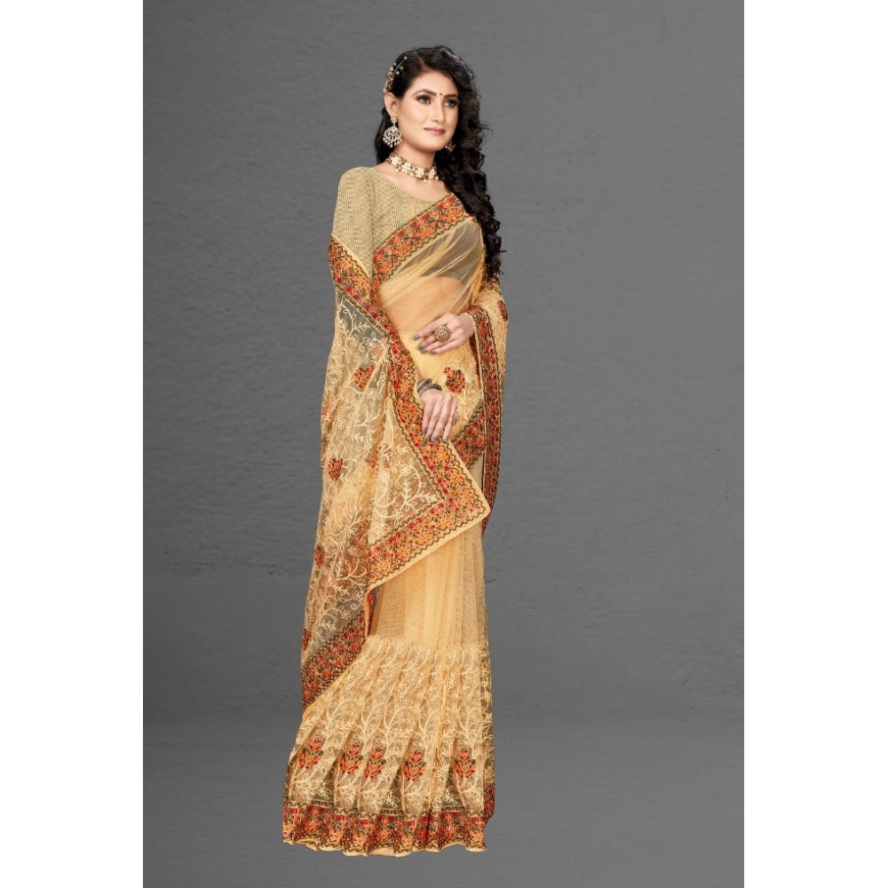 Generic Women's Net Saree With Blouse (Chiku, 5-6Mtrs) - Noble Nook