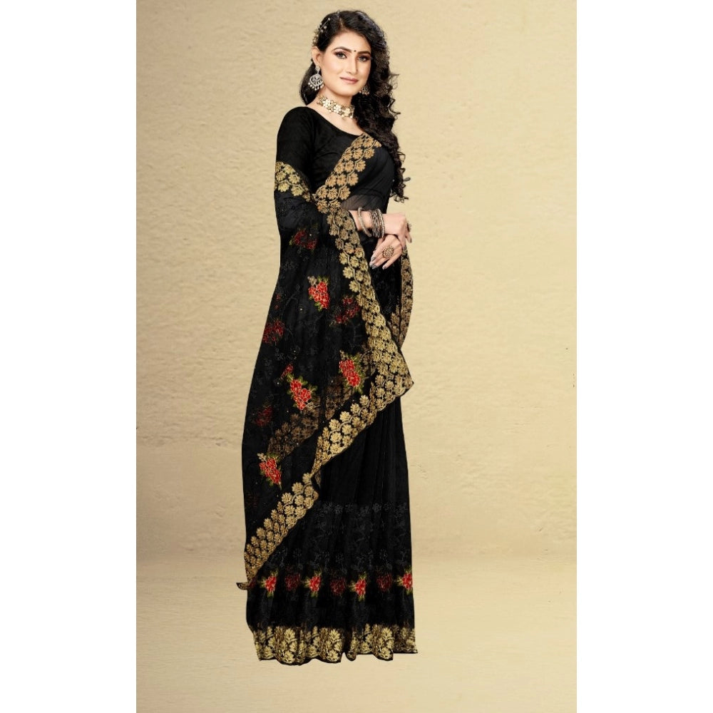 Generic Women's Net Saree With Blouse (Black, 5-6Mtrs) - Noble Nook