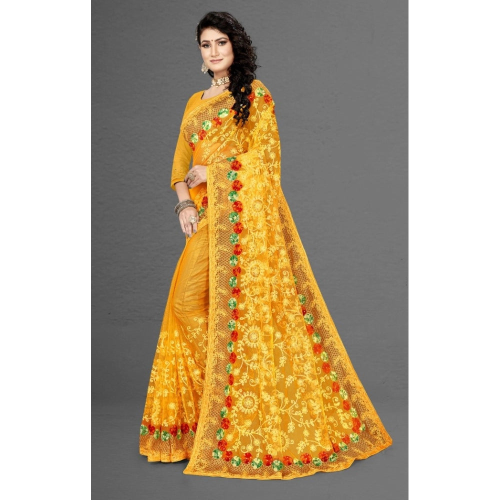 Generic Women's Net Saree With Blouse (Yellow, 5-6Mtrs) - Noble Nook