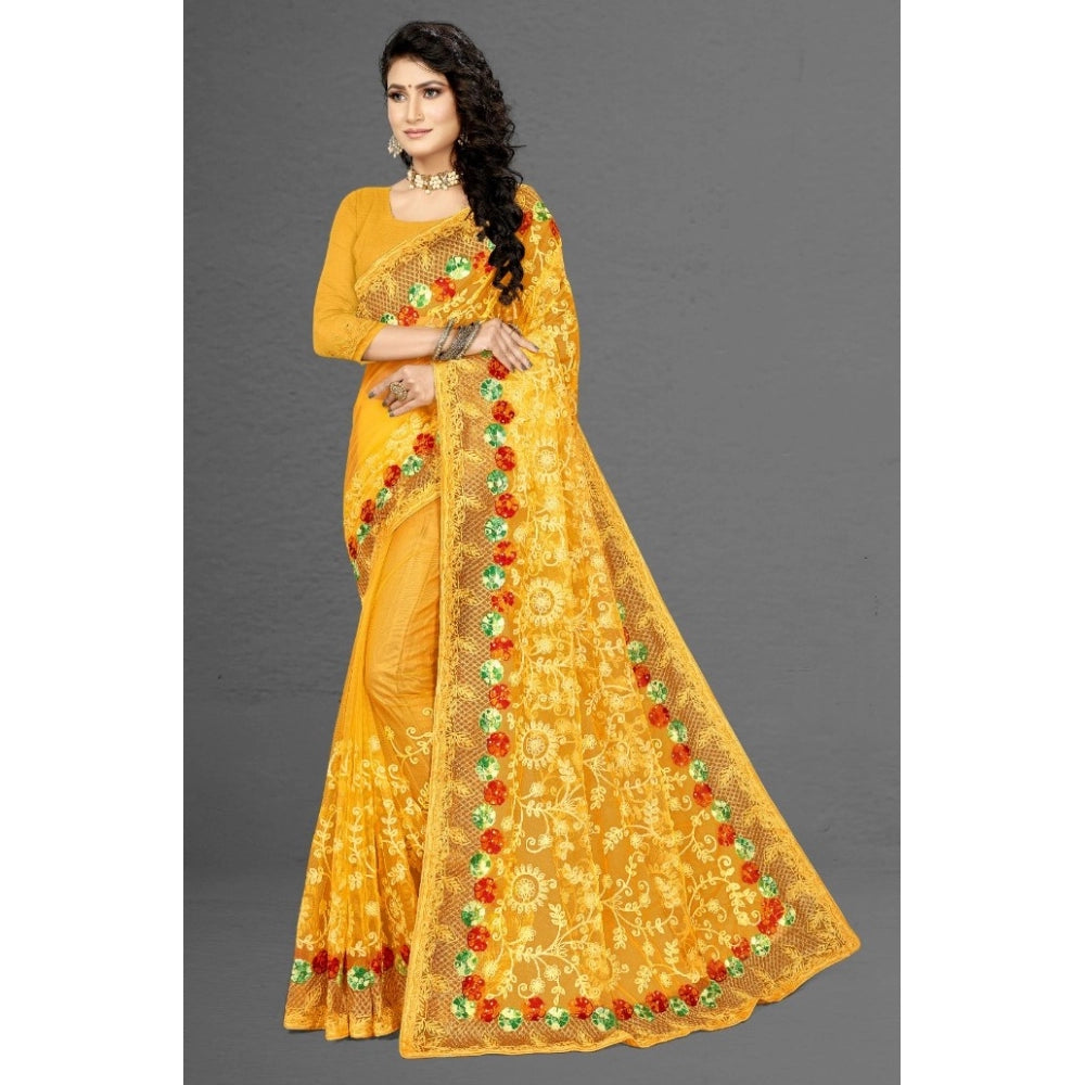 Generic Women's Net Saree With Blouse (Yellow, 5-6Mtrs) - Noble Nook