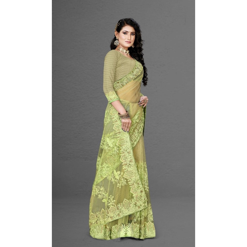 Generic Women's Net Saree With Blouse (Pista Green, 5-6Mtrs) - Noble Nook