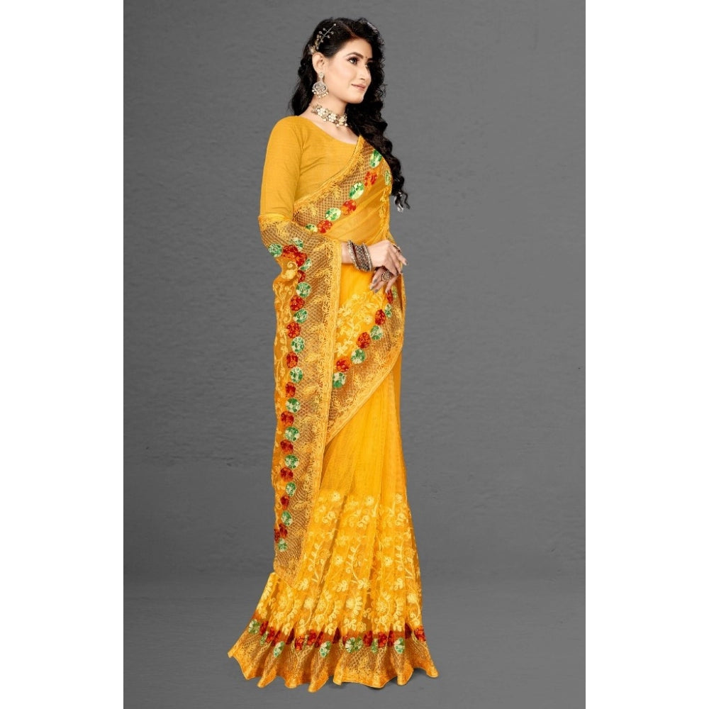 Generic Women's Net Saree With Blouse (Yellow, 5-6Mtrs) - Noble Nook