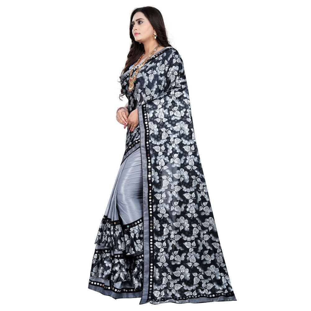 Generic Women's Lycra Blend Saree with Blouse (Grey, 5-6 Mtrs) - Noble Nook