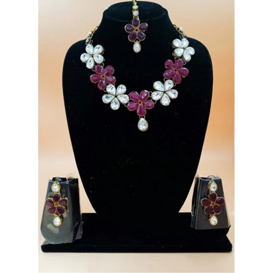 Generic Women's Elegent Kundan And Stone Necklace Set (Red, Free Size) - Noble Nook