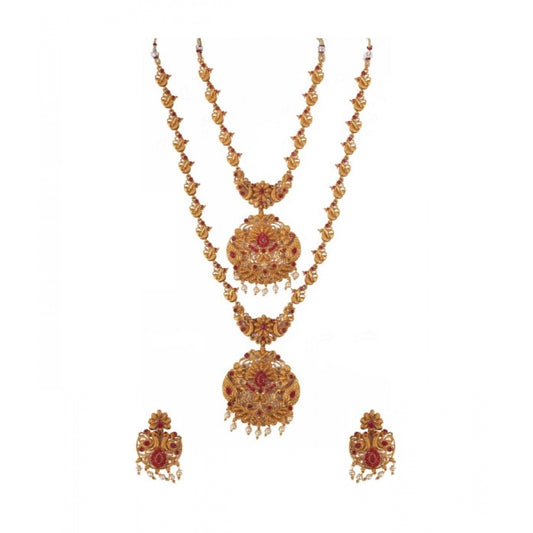 Generic Women's Elegent And Modern Double Line Temple Jewellery Set (Red, Free Size) - Noble Nook