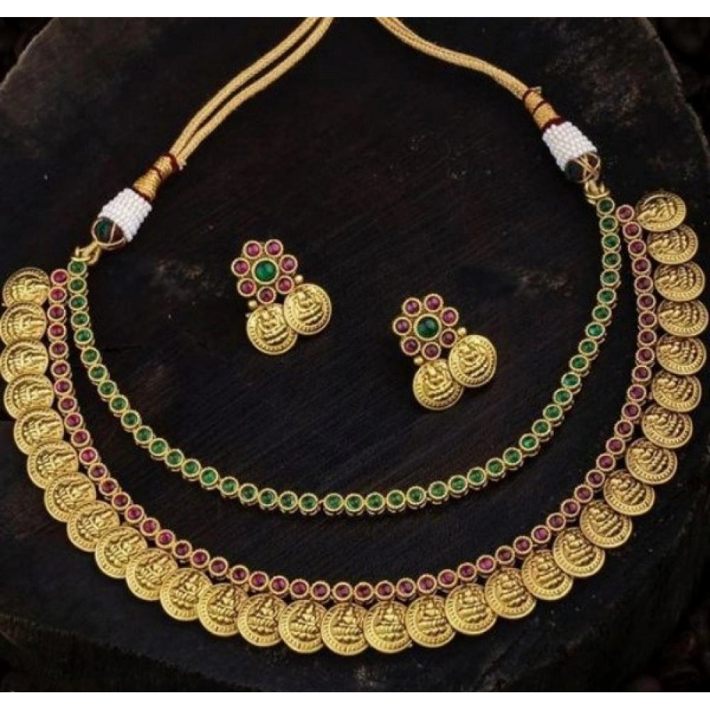 Generic Women's Ethnic Double Line Laxmi Coin Jewellery Set (Red And Green, Free Size) - Noble Nook