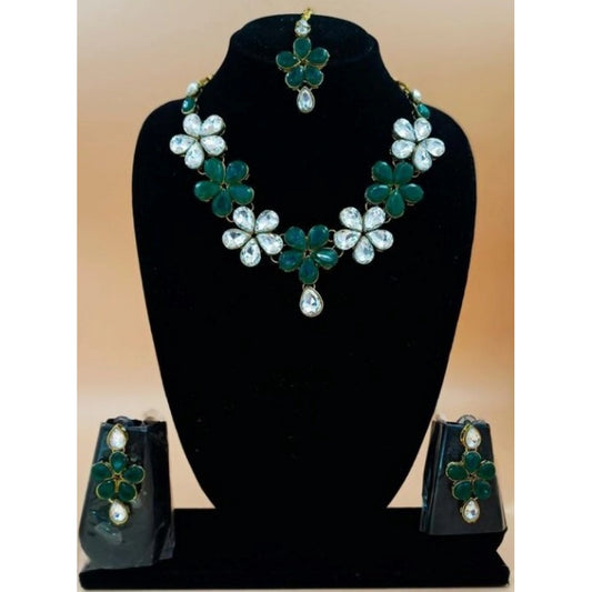 Generic Women's Elegent Kundan And Stone Necklace Set (Green, Free Size) - Noble Nook