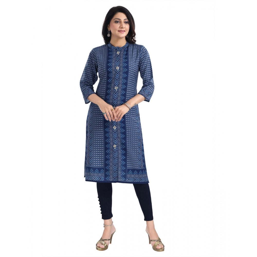 Generic Women's 3/4th Sleeve Cotton Blend Tunic Long Kurti (Blue) - Noble Nook