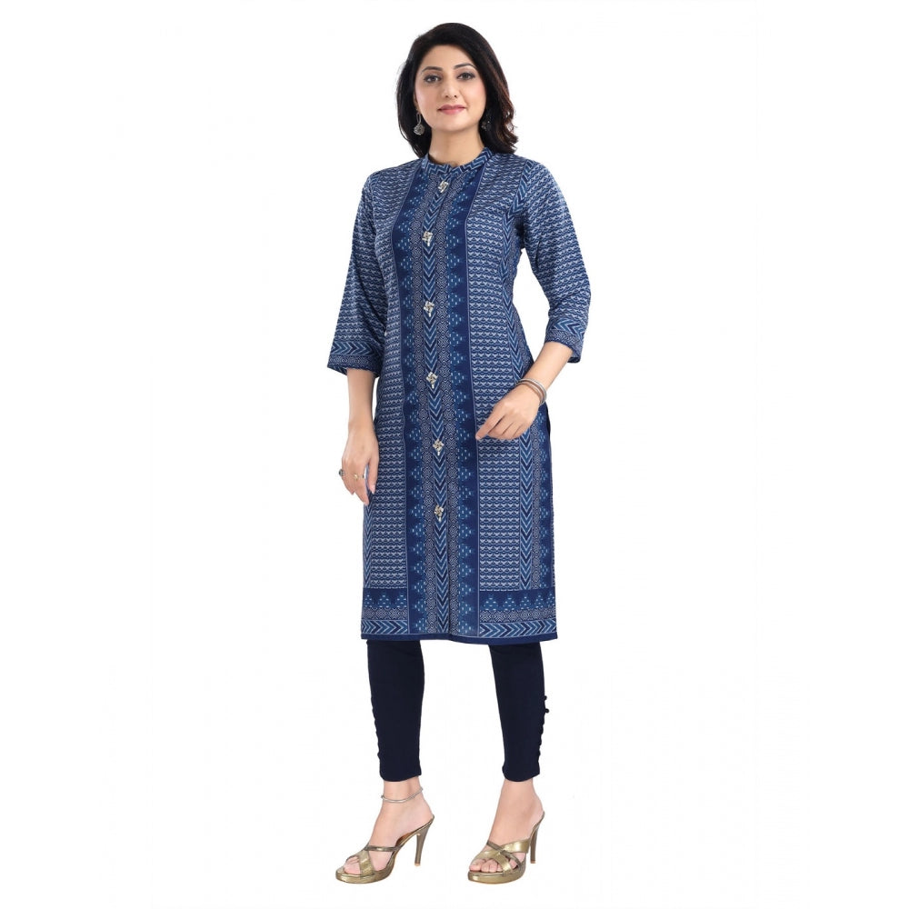 Generic Women's 3/4th Sleeve Cotton Blend Tunic Long Kurti (Blue) - Noble Nook