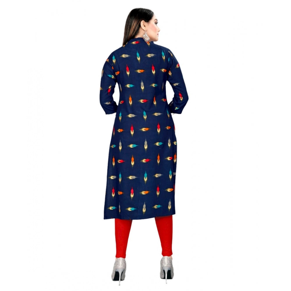 Generic Women's Rayon Foil Printed Straight Kurti (Navy Blue) - Noble Nook