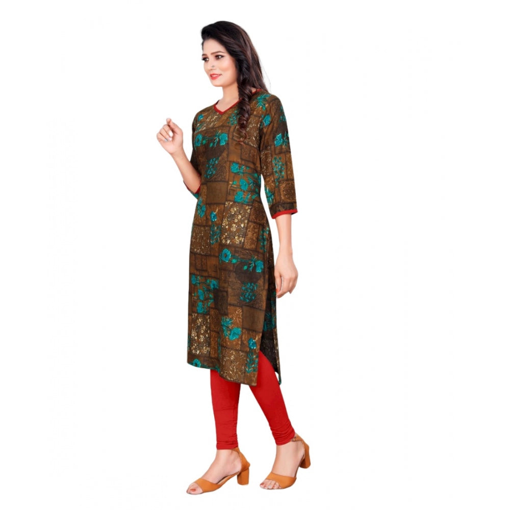 Generic Women's Rayon Foil Printed Straight Kurti (SeaGreen) - Noble Nook