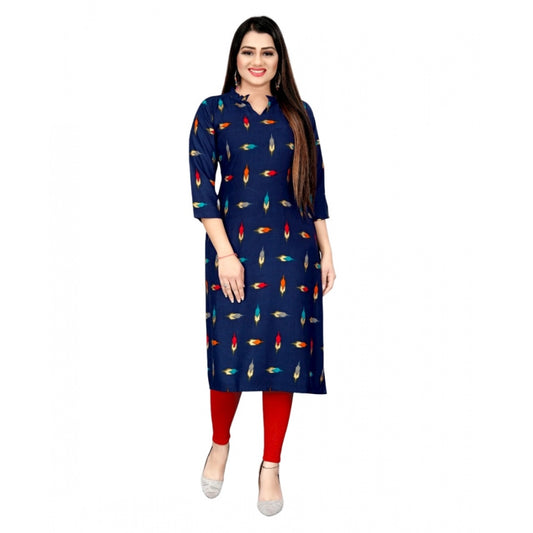 Generic Women's Rayon Foil Printed Straight Kurti (Navy Blue) - Noble Nook